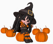 scary little girl in witch halloween costume with pumpkins scary little girl in witch halloween costume with pumpkins