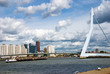 A cargo barge sails under the Erasmusbrug