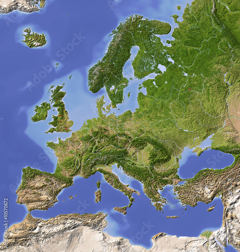 Illustration : Shaded relief map of Europe, colored for vegetation. Shaded relief map of Europe, colored for vegetation.