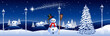 Blue winter landscape with snowman and streetlights