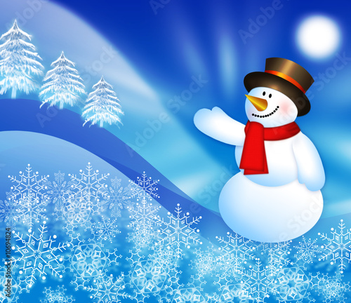 Illustration: Snowman and New Year`s trees on blue Snowman and New Year`s trees on blue