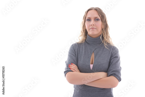 Photo: Satisfied businesswoman confidently looks ahead over white Satisfied businesswoman confidently looks ahead over white