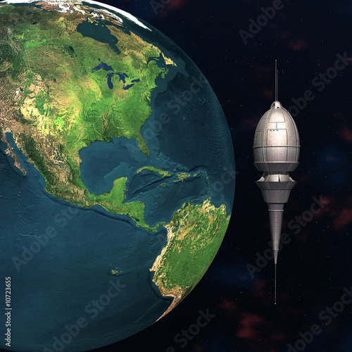 Illustration: Satelite sputnik orbiting 3d earth Satelite sputnik orbiting 3d earth