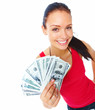 Cheerful young woman holding cash and smiling