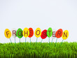 ostereier in reihe mit text frohe ostern