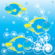 Sea underwater tropical blue world - three fishes and algae.