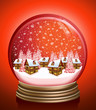 Shiny red winter ball with wooden houses