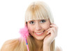 charming girl with a pen with pink fur