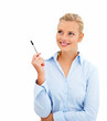 Cut out of happy young businesswoman  pointing pen