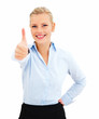 Successful young business lady showing thumbs up