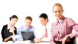 Happy successful business team working at office, isolated