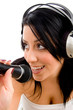 top view of woman with headphone and microphone on white backgro