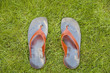 Rote Flip Flops mit Ledersohle auf grŸnem Rasen
