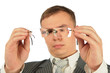 Man considers spectacles glasses .