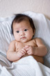 Baby lying in bed under blanket, hands together Baby lying in bed under blanket, hands together