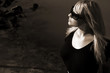 blond german girl at the black stones BW - sunglasses shades -
