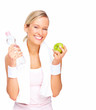 Healthy life - happy blond woman smiling on copyspace