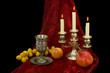 Still-life with an apple, dates and a pomegranate. Rosh-ha-shana