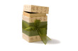 Gift box in asian style with hierogliphs and green ribbon. Path