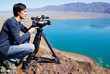 Video operator removes the desert mountain lake