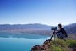 Video operator removes the desert mountain lake
