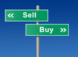 Street sign against blue sky. Sell. Buy.