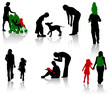 The isolated silhouettes of parents with children.