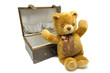 Old case with teddy bear isolated against a white background
