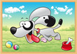 Dog is running in meadow with his toys