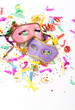 carnival masks and colorful confetti on white
