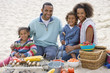 Portrait of family preparing barbecue on beach