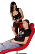 Young beautiful psychologist talking to patient isolated