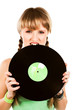 Blonde biting a vinyl record Blonde biting a vinyl record