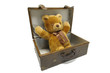 Old case with teddy bear isolated against a white background