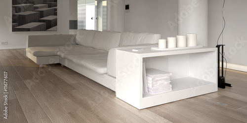 Illustration: Modern white sofa with bookcase Modern white sofa with bookcase