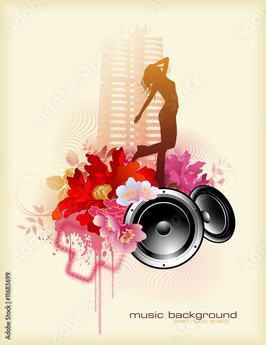 Vektor: floral music-design with speakers and dancing girl floral music-design with speakers and dancing girl