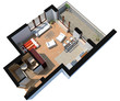 3D sectioned apartment with furniture with clipping path
