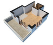 3D sectioned empty apartment with clipping path