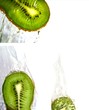 3 images of fresh slices of kiwi with waters splash