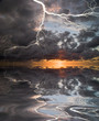 Lightning on sunset sky background