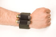 Double chuck cartridge on a mans hand isolated on white