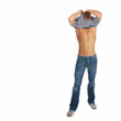 Smart muscular man undressing over white