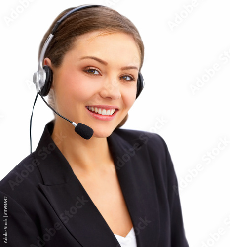 Young and smiling operator isolated over white