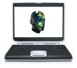 3d model of the man head world map textured on laptop screen 3d model of the man head world map textured on laptop screen