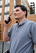 Radio operator in front of building Radio operator in front of building