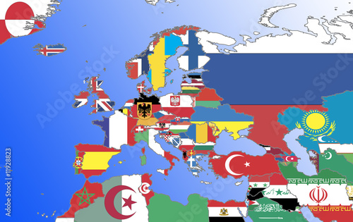 Illustration: symbolic image: Europe,outline and flags symbolic image: Europe,outline and flags