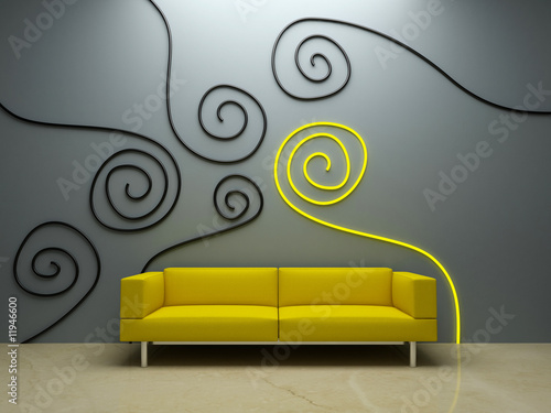 Illustration: Interior design - Yellow couch and decorated wall Interior design - Yellow couch and decorated wall