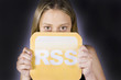 beautiful woman holding rss logo