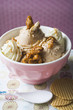 nut ice cream with caramelised nuts and cream