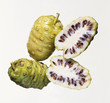 two whole and one halved noni fruits